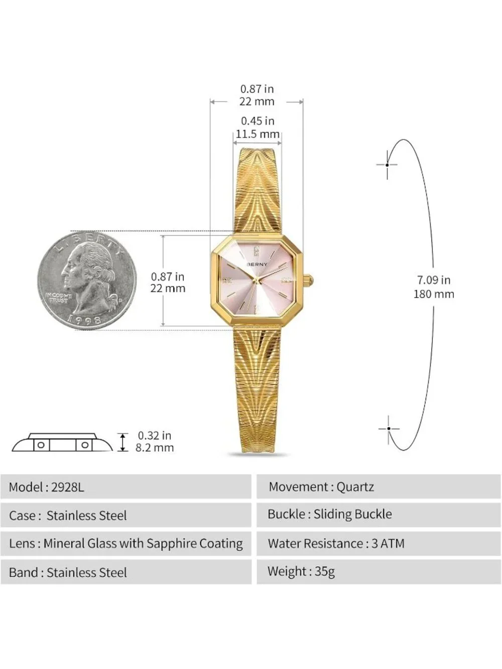 Women's Pink Octagonal Case Waterproof Stainless Steel Luxury Wrist Watches